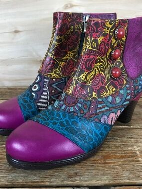Socofy Boho Colorful Leather Zip Ankle Boots Witchy Patchwork EUR 38 US Sz 7.5